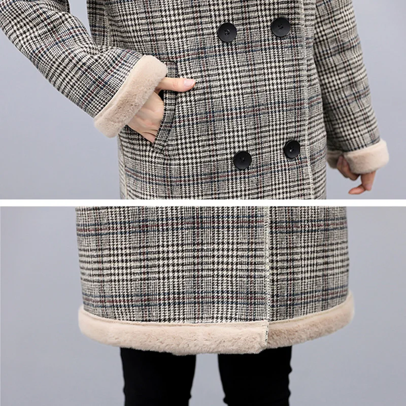 

XXXXXL Plus Size Checked Chic Overcoat Women Winter Fashion Plaid Wool Blends Coat Casual Velvet Long Thick Cashmere Outwear