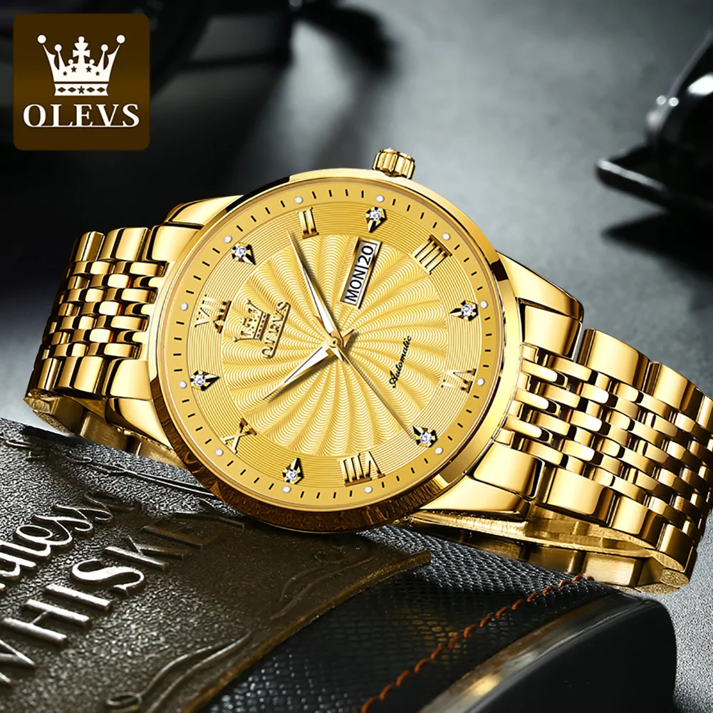 

OLEVS Luxury Gold Automatic Mechanical Men Watches Stainless Steel Waterproof Date Week Fashio Classic Wristwatches Reloj Hombre