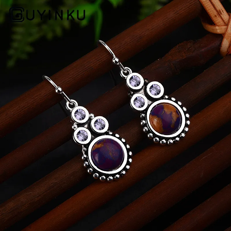 Ретро S925 Серебряные серьги из чароита Женские Модные фиолетовые Серьги с