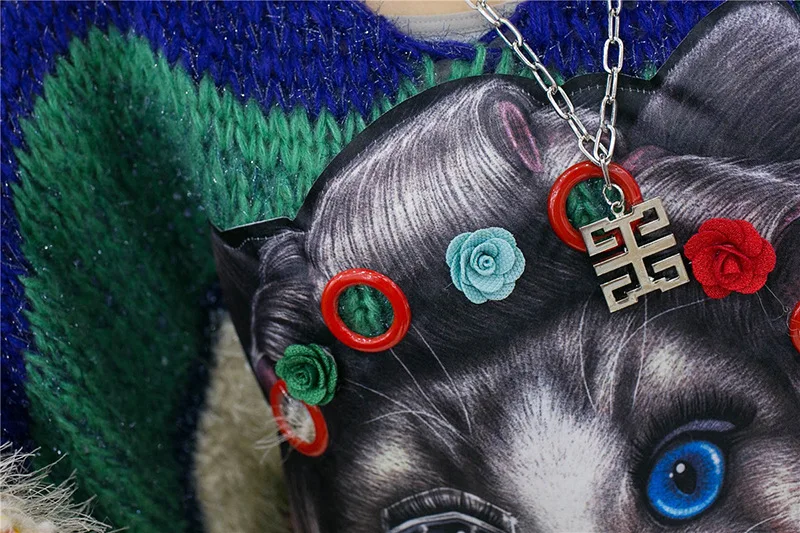 QING MO Animal Cat Print Women Sweater 2022 Spring New V-Neck Pullover Hit Color Striped Blue QYF103A | Женская одежда