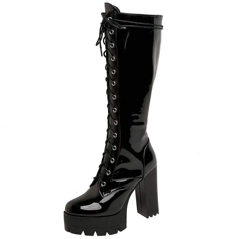 

Женские брендовые дизайнерские высокие сапоги до колена, красные повседневные сапоги из лакированной кожи на высоком каблуке и платформе, ...