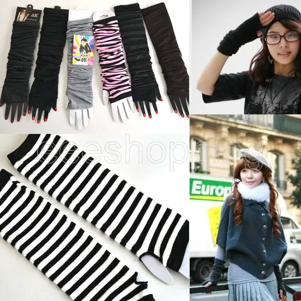 

2020 Women Fashion Long Fingerless Gloves Striped Elbow Sleeve Arm Warmer Knit Mittens Work Gloves White Black