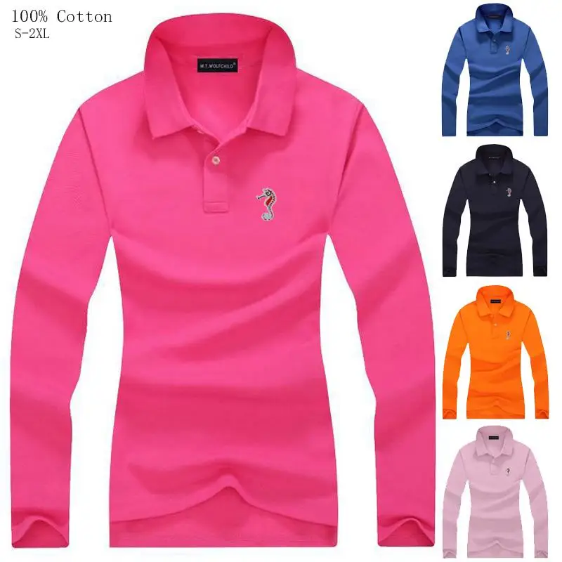 Женская приталенная рубашка поло Повседневная из 100% хлопка с длинными рукавами и