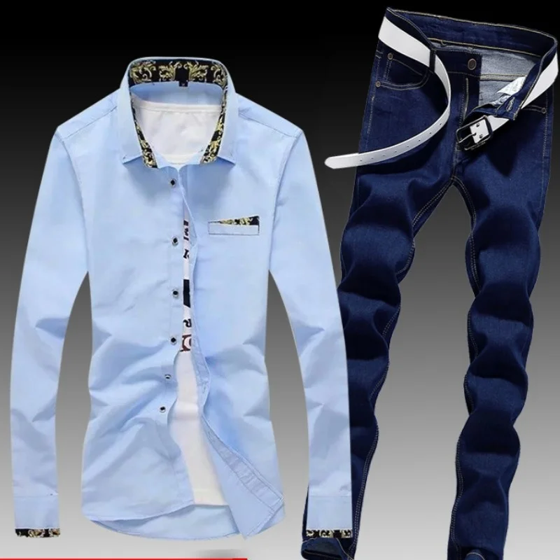 Рубашка мужская с длинным рукавом деловой повседневный комплект из двух