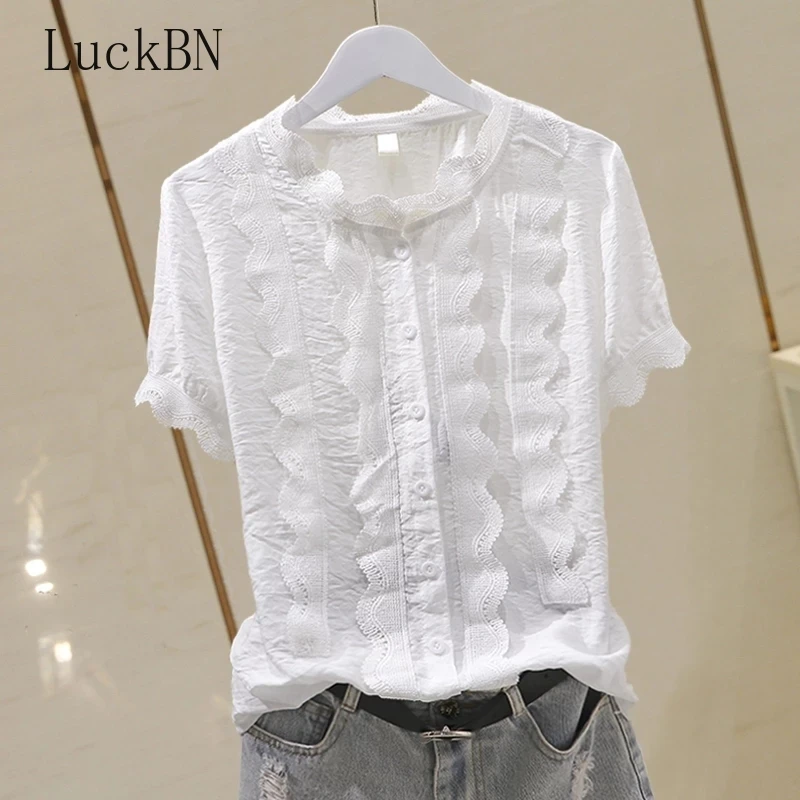 

Fashion Design Patchwork Lace Cotton Women Clothing Shirts All Match Solid Blue O-neck Office Lady Elegant Shirts Outwear Tops
