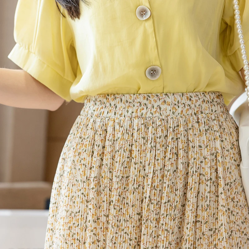 

Summer Chiffon Pleated Skirt Female Casual Elastic High Waist Floral Print Yellow Midi Skirt Fashion All-match Skirts for Women