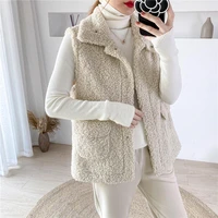 2021 winter warm waistcoat vest lamb wool thicken jackets women turn down collar hidden button pockets outwear sleeveless coat