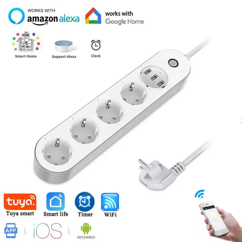 

Tuya WiFi Smart Power Socket Strip Surge Protector with 4 EU Smart Plugs 3 USB Charging Ports Outlet Work with Alexa Google Home