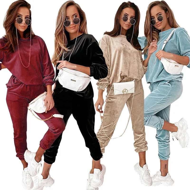 

Women's Casual Sweater Suit Solid Color Round Neck Sweatshirt Long-sleeved Trousers Gold Velvet Hoodie Tops Pullovers Clothes
