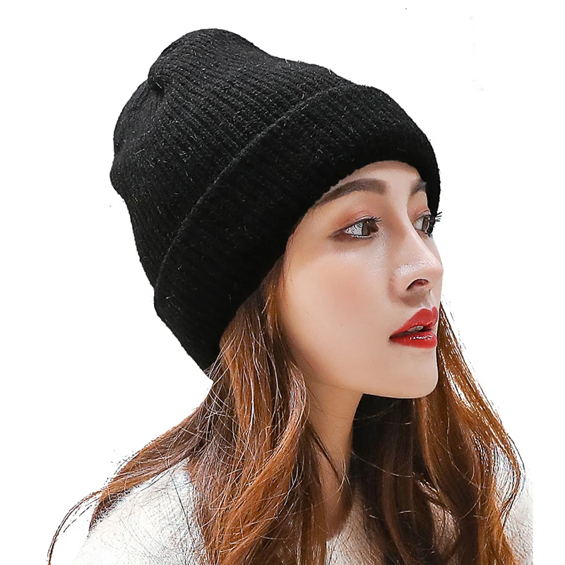 

Women Knitted Winter Hat Female Warm Rabbit Fluff Beanie Girl Solid Bonnet Femme Skullies Beanies Soft Hats Women's Winter Caps