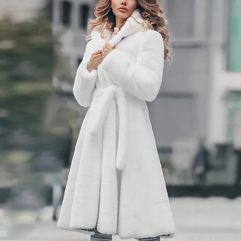 Пальто из искусственного меха, длинное зимнее плотное белое пальто, однотонное тонкое теплое пальто на шнуровке с капюшоном из искусственн... от AliExpress RU&CIS NEW