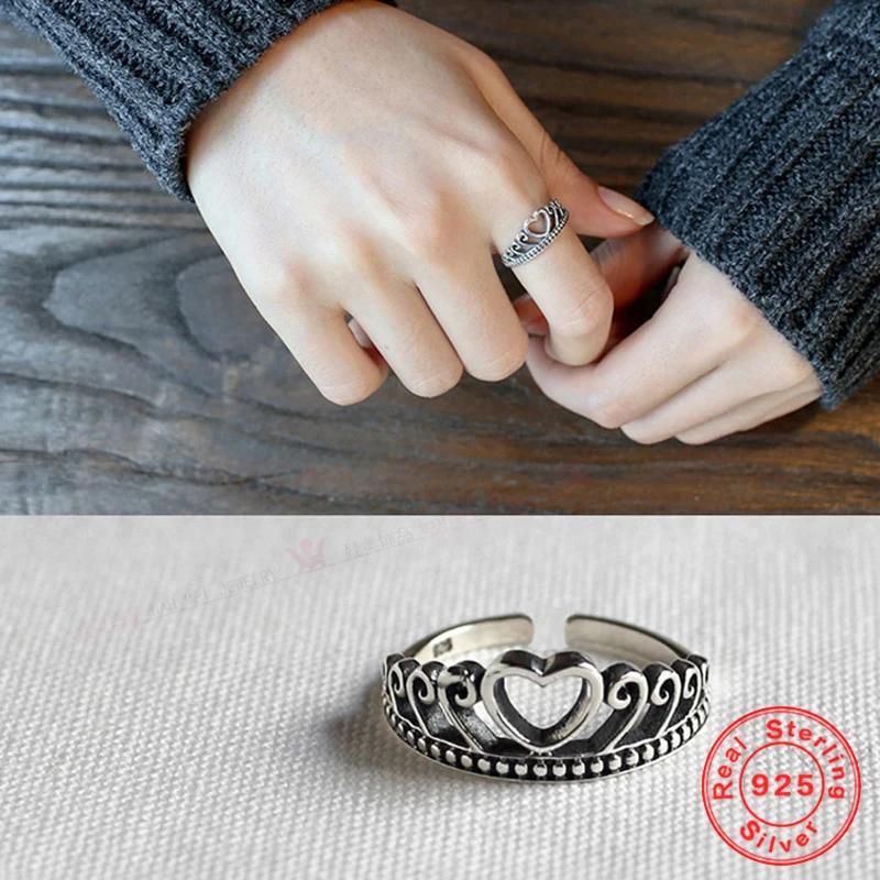 

925 Sterling Silver Open Adjustable Retro Ring for Women Love Heart-shaped Crown Complex Joint Silver Ring Fashion Jewelry