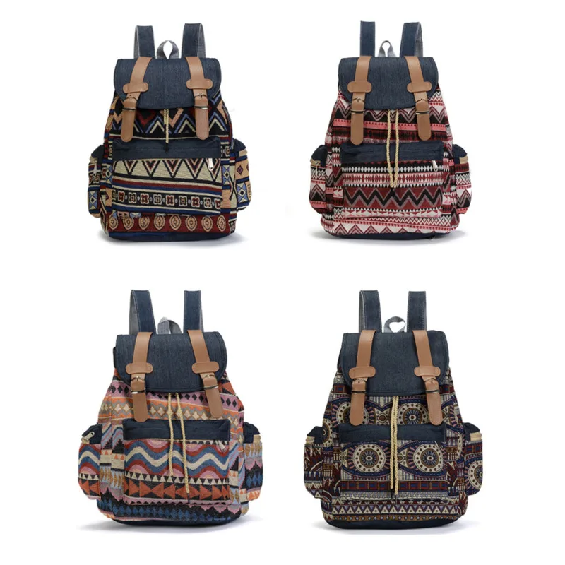 

Women Vintage Backpack Print Drawstring Girls School Bags High Quality Canvas Ethnic Back Packs Female Bohemia Travel Rucksack