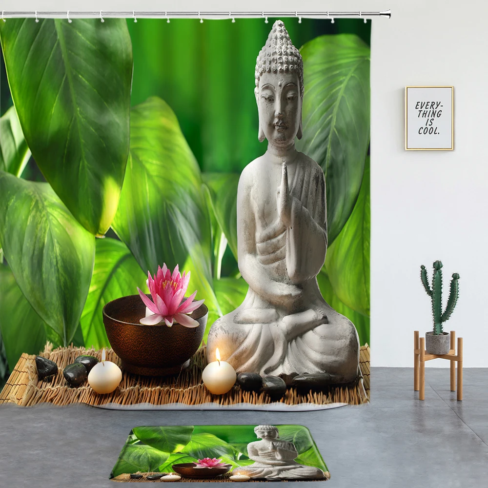 

Buddha Shower Curtains Set Bath Mats Zen Stone Lotus Meditation Bathroom Decor Entrance Doormat Rugs Bath Screen Non-slip Carpet