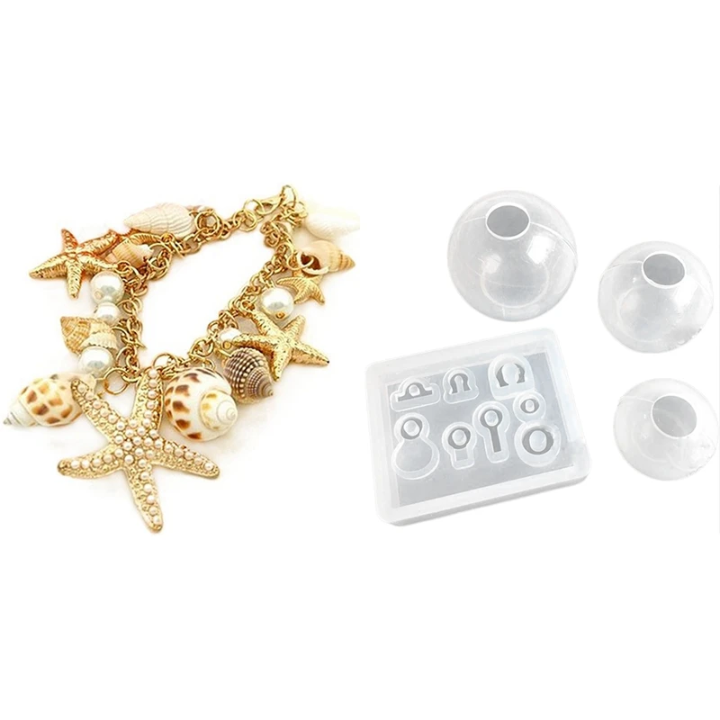 

1X браслет-цепочка в океаническом стиле с морскими звездами, ракушками, ракушками и 4 шт. прозрачных шариков, подвесок из смолы, набор форм, си...