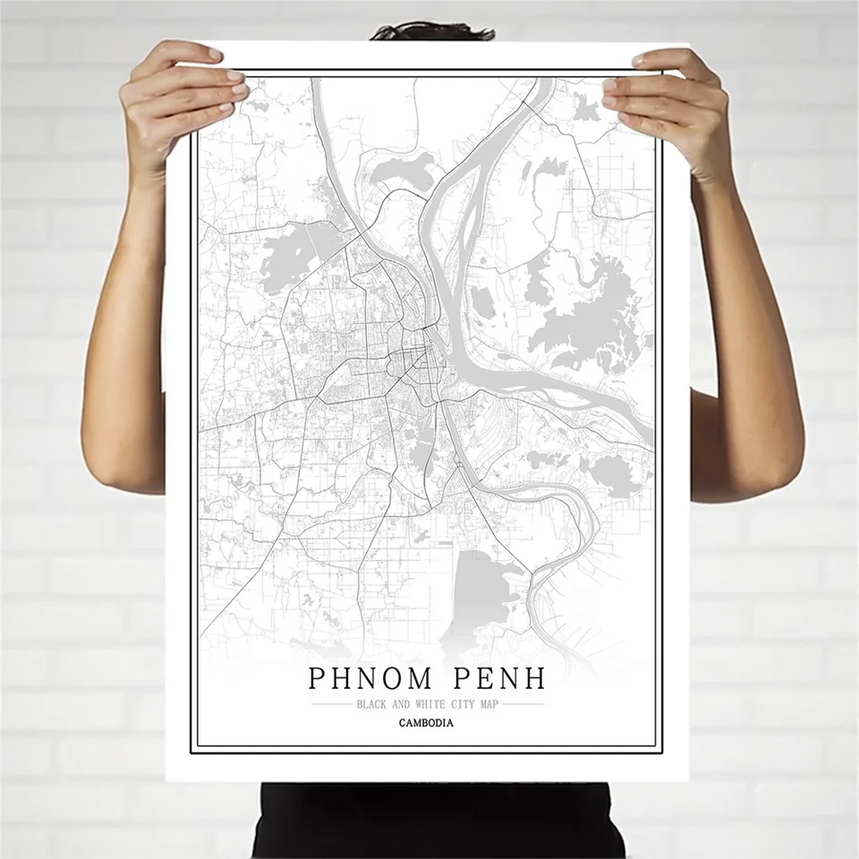 Камбоджа черно-белая карта города плакат Скандинавская гостиная Пномпень