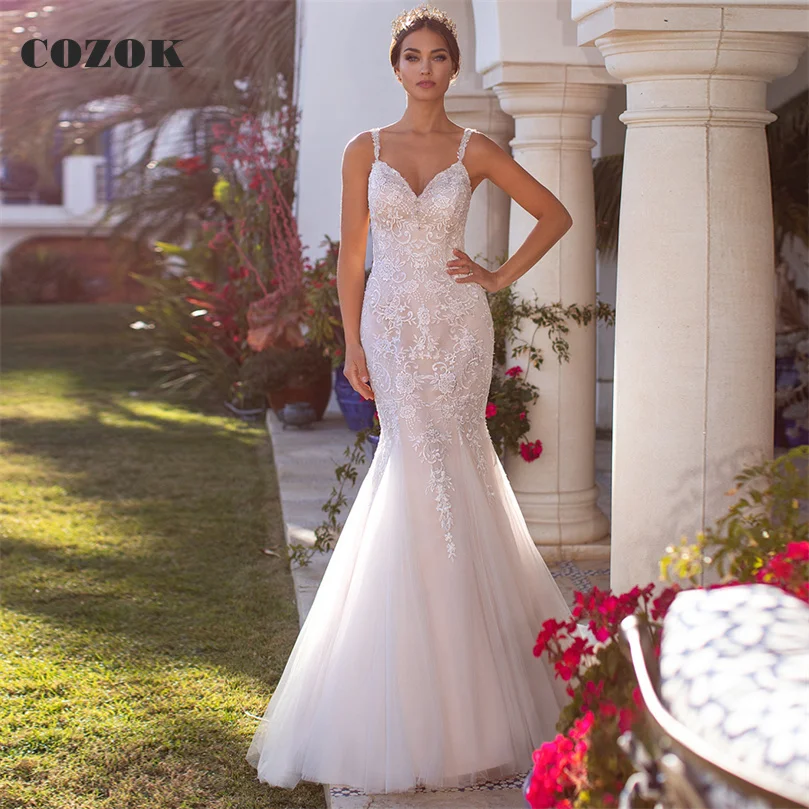 

Sexy Mermaid Backless Wedding Dress Tulle Lace Appliques Formal Elegant Bride Wedding Gowns Custom Size CZ53