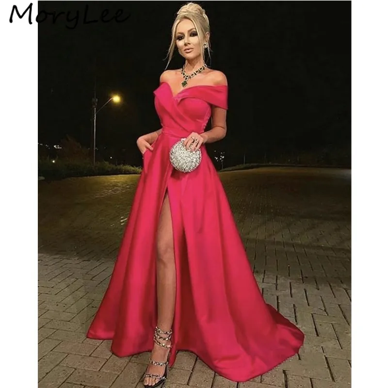 

Атласное Вечернее платье, с V-образным вырезом, открытыми плечами и шлейфом