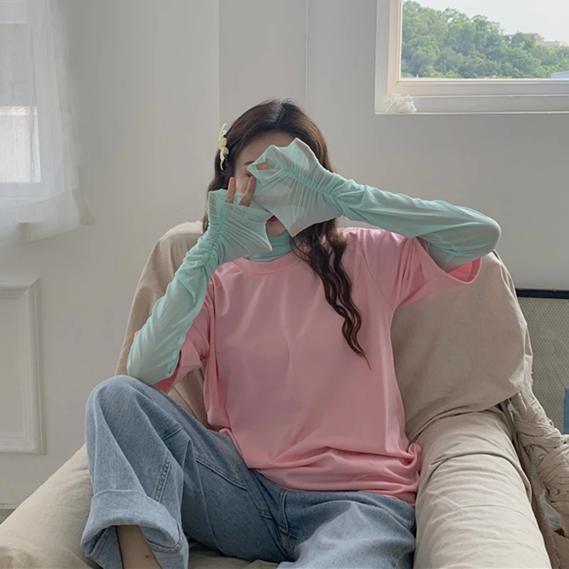 

OUMEA Women Sheer Mesh Top Long Sleeve High Neck Beach Cover-up Mesh Tshirts Summer Candy Color Beachwear Ruched Sleeve Tees