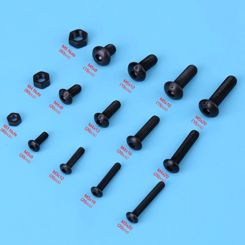

955 Pcs M3 M4 M5 Alloy Steel Hex Socket Button Head Cap Bolts Screws Nuts Set Black & Silver
