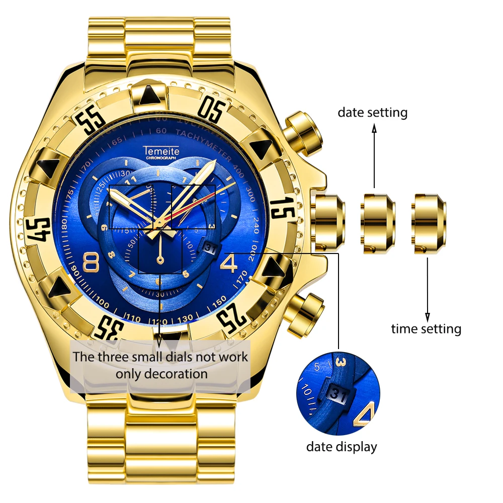 

TEMEITE Gold Watch Men Military Mens Watches Top Brand Luxury 2020 Casual Quartz Wristwatch Calendar Male Clock New
