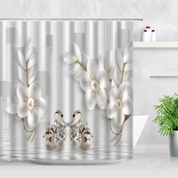 Relief White Flowers Swan Shower Curtains Pearl Diamond Design Water Printing Bathtub Decor Hooks Fabric Bathroom Curtain Set