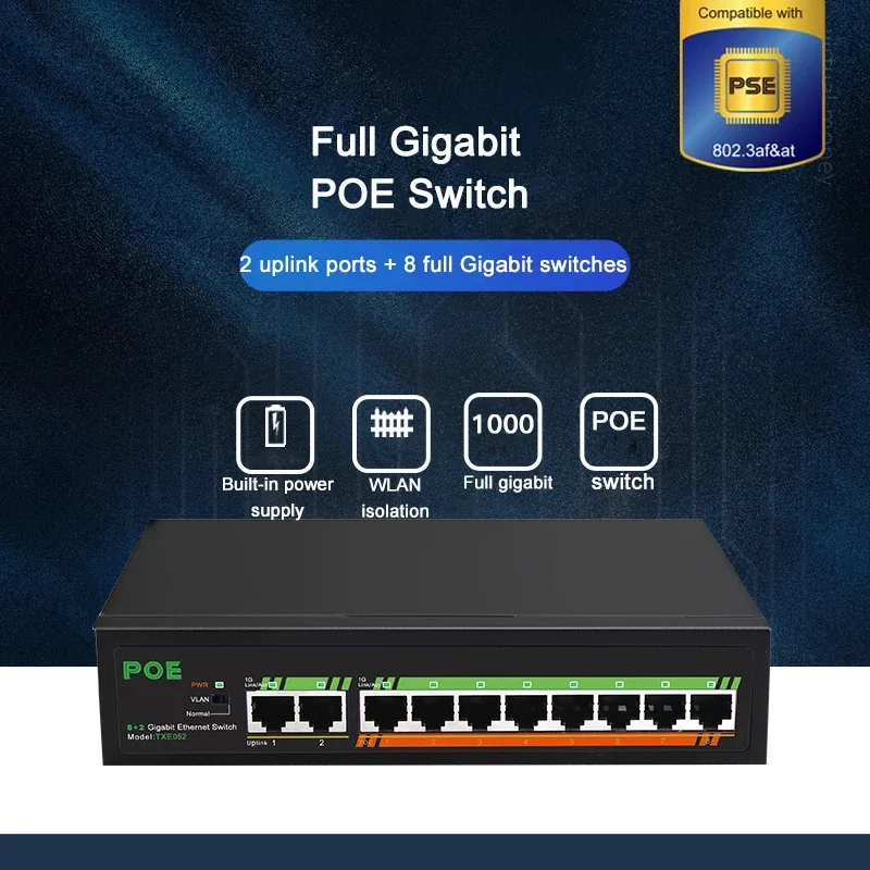 8+2 full Gigabit POE switch built-in power supply, lightning protection Vlan isolation IEEE 802.3 af / at suitable for IP camera