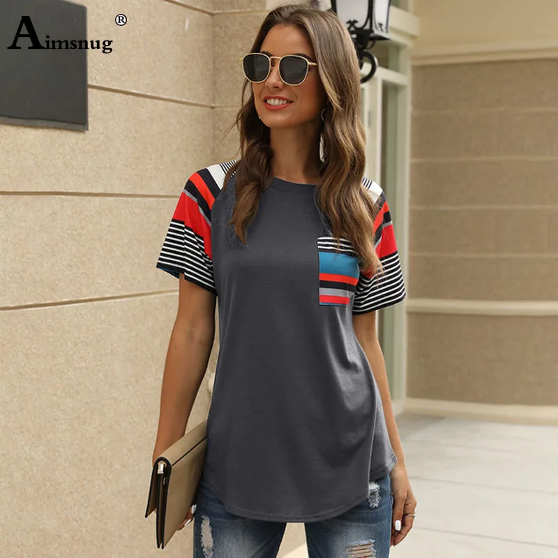 

Aimsnug Women Striped Print Top Girls Cute Front Pocket T-shirt 2020 Summer New Fashion Tunic shirt Female Casual Tee Shirts