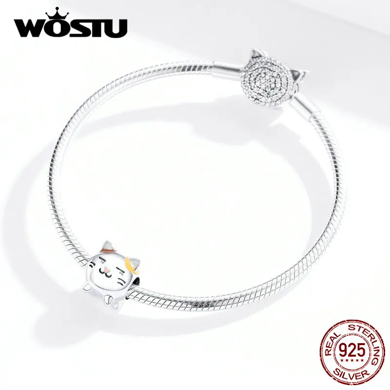 WOSTU, настоящая 925 пробы, серебряная Симпатичная кошка, бисер, подходит для оригинального браслета, Подвеска для женщин, Подвески для изготовления ювелирных изделий CQC1348