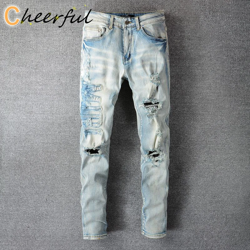 

Мужские рваные джинсы в стиле ретро, светло-голубые уличные брюки в стиле пэчворк с вырезами, мужские джинсы в стиле хип-хоп и раньше