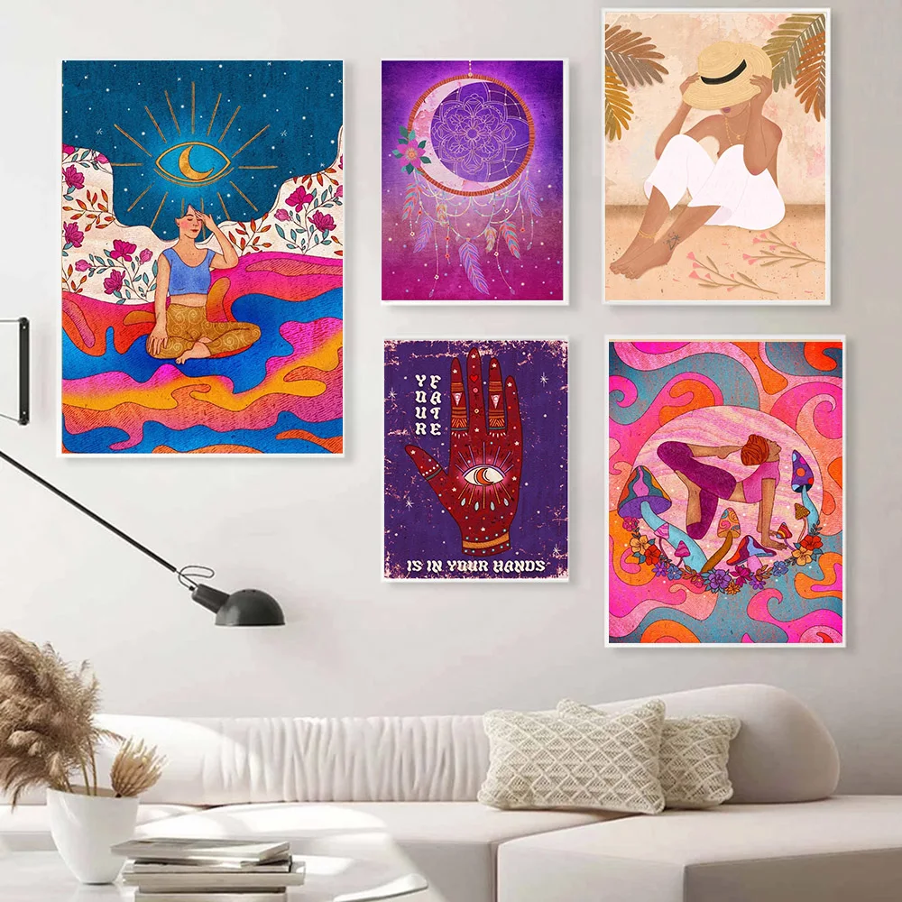 

Abstract Sun Moon Painting Yoga Woman Orange Wall Art Canvas Print Boho Posters Nordic Wall Pictures For Living Room Home Decor