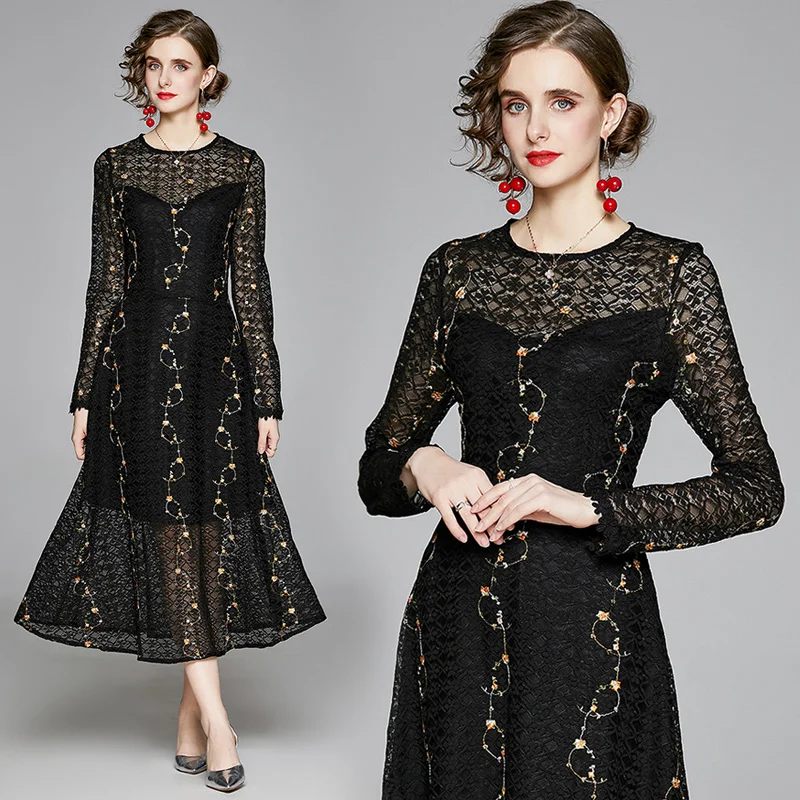

Simgent Lace Dress Women Long Sleeve Floral Embroidery Black Midi Long Dresses Woman Clothing Vestidos Frocks SG13101