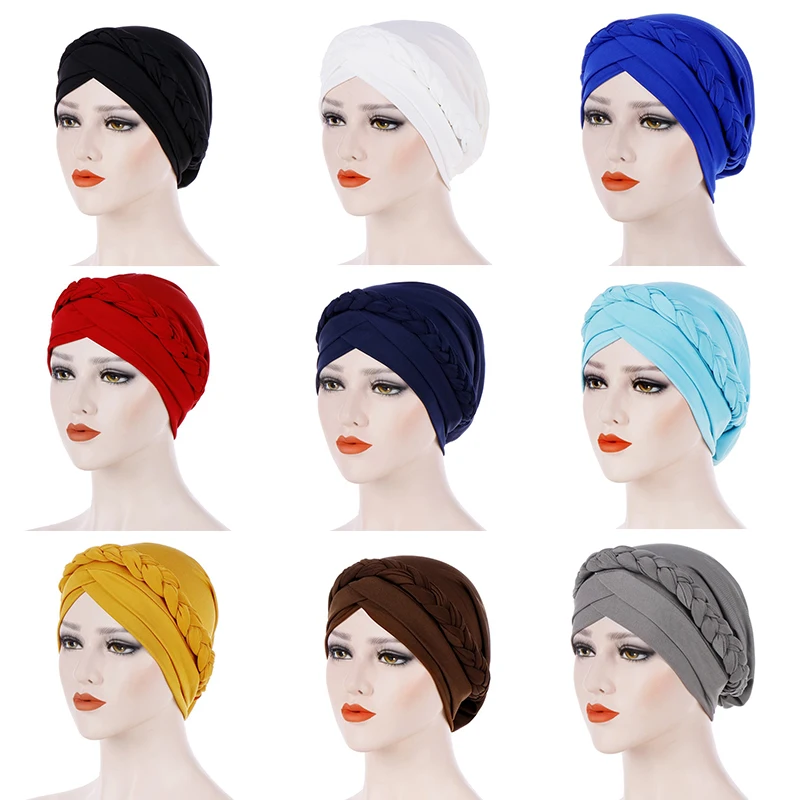 

Trendy Cotton print muslim turban scarf for women islamic inner hijab caps Arab wrap head scarves solid color turban Baotou Hat