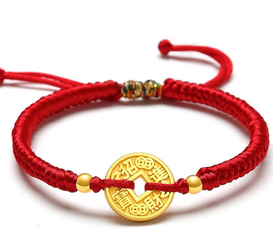 

New Arrival 24K Yellow Gold Bracelet 3D Gold Coin Red String Bracelet