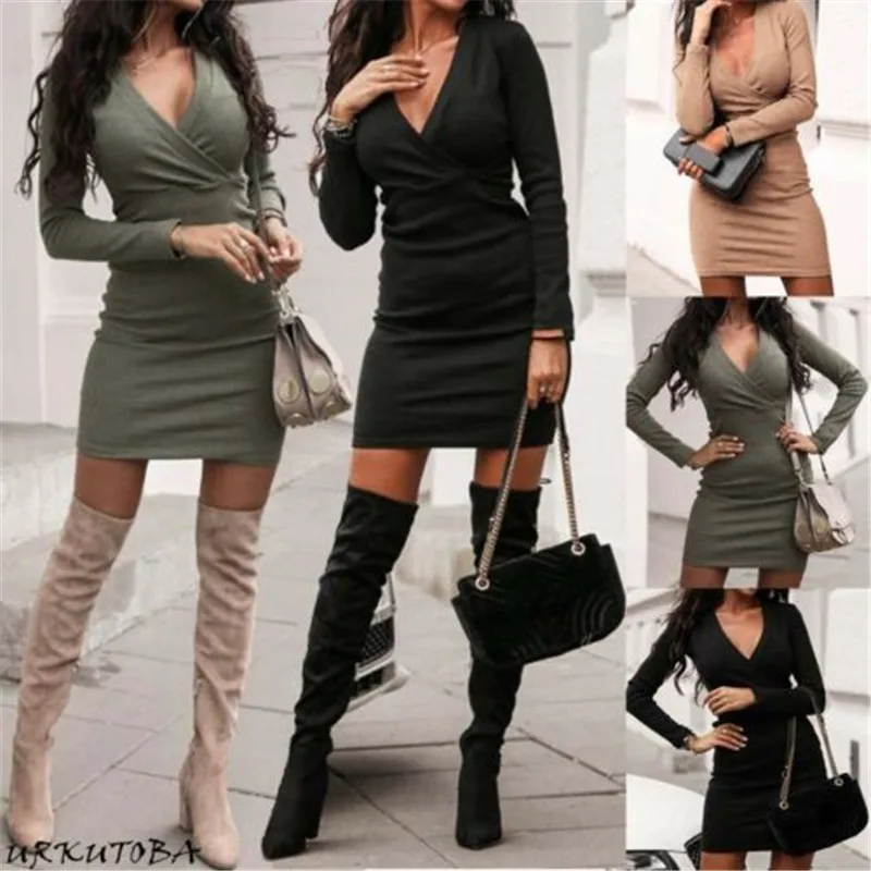 

2021 Autumn Trend Women's Long Sleeve V-neck Party Sweater Short Mini Dress Jumper Mini Dress Winter V-neck Party Dresses