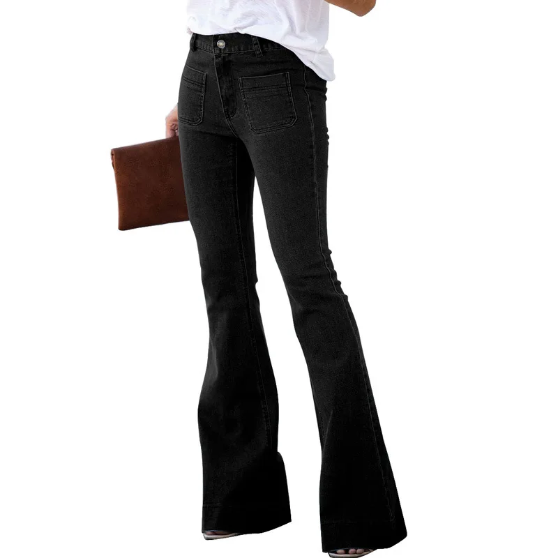 

New Arrival Fashion High Waist Stretch Jeans Woman Long Flare Pants Female Clothing Zipper Fly Lady Trousers Solid Colors Girl