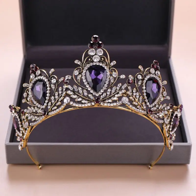 

Purple Vintage Crown Bride Wedding Bridal Tiara Headband Hoop Rhinestone Stone Luxury Charms Hair Jewelry Glow Fashion Party