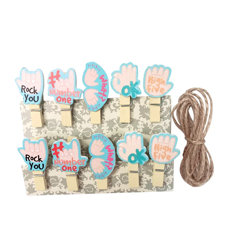 

10pcs Creative gesture english photo paper wooden clip with hemp rope Photo Clips Clothespin Craft Decoration Clips