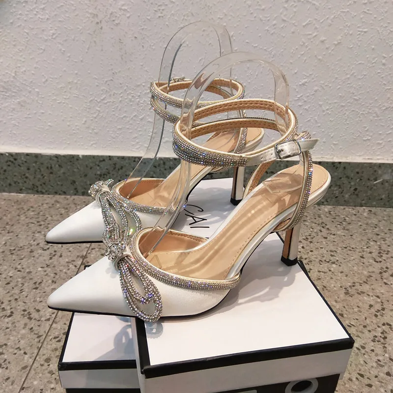 

Silk Satin Zapatos Mujer Beading Strap Slingback Shoes Pointed Toe High Heels Women Shoes Bling Crystal Party Sandals