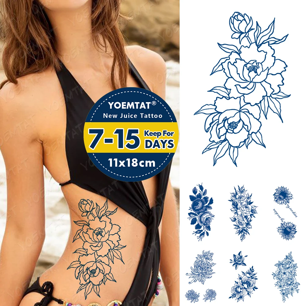 

Juice Ink Tattoos Body Art Lasting Waterproof Temporary Tattoo Sticker Peony Rose Flowers Tatoo Arm Fake Sunflower Tatto Women