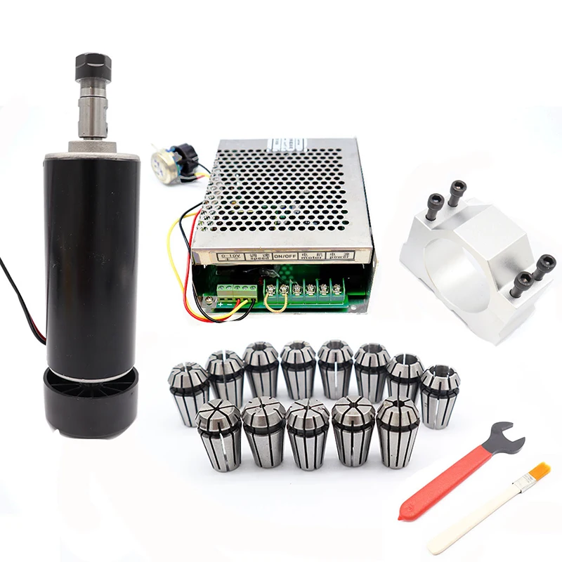 

CNC 500W Air Spindle Kit 0.5kw Air Cooled Spindle Motor+52mm Clamp+Power Supply Speed Governor+13pcs ER11 Collet +Wrench Brush