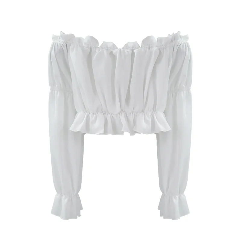 

Sexy Slash Neck Off Shoulder Wooden Ear Blouse Women Short Pullover Long Sleeve White Blusas Spring Slim Wild Shirt Female