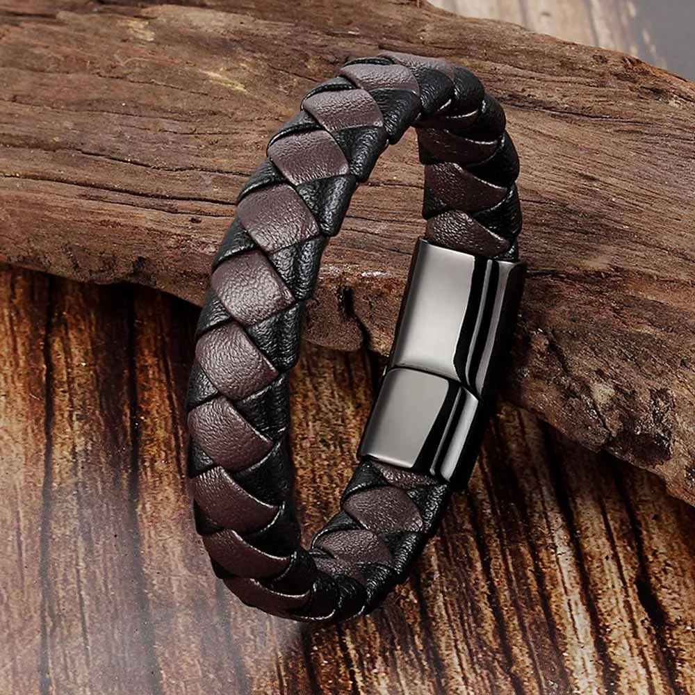 Мужской Ретро плетеный кожаный браслет панк из нержавеющей стали с пуговицами