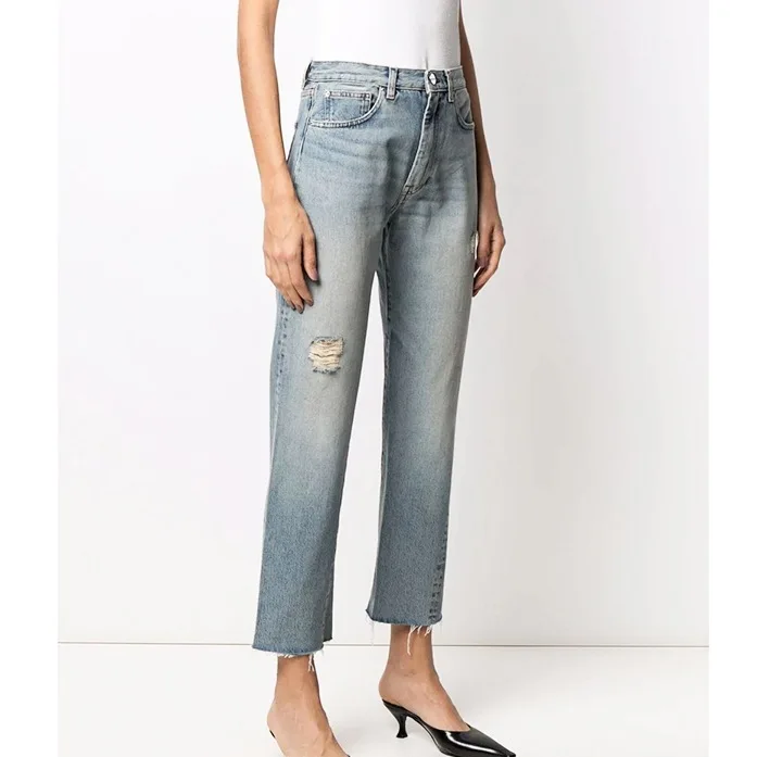 

Women Cropped Jeans Straight Distressed High Waist Zipper Fly Holes Retro 2021 Autumn Female Denim Long Pants