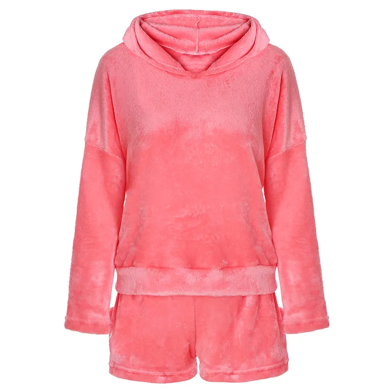 

Women Two Piece Set 2019 New Autumn Winter Pajamas Warm Coral Velvet Suit Sleepwear Cute Cat Pattern Hoodies Shorts set