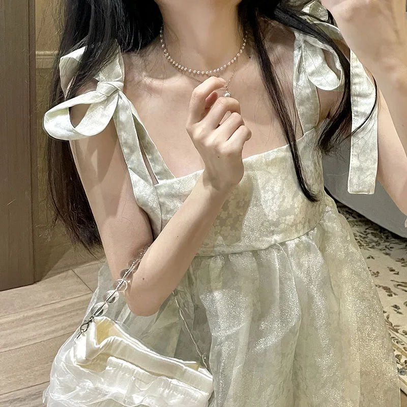 

Korean Summer New Sling Square Collar Vintage Floral Folds Organza Sweety Bandage Bow Sleeveless Elasticity Bust Camis Tops