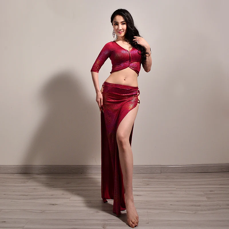 Женский костюм для танца живота из двух предметов восточных танцев красный/синий