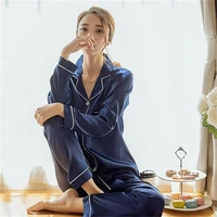 ladies women long sleeve sleepwear loungewear nightwear pajamas suit set turn down collar pocket pajamas