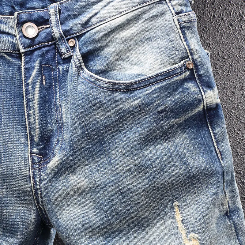 Street Style Fashion Men Jeans Retro Blue Slim Fit Destroyed Hole Ripped Jeans Men Patchwork Vintage Designer Casual Denim Pants