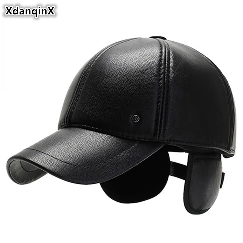 

XdanqinX Winter Men's Earmuffs Cap PU Imitation Leather Warm Baseball Caps Snapback Hat Bone Dad Hats Adjustable Size Tongue Cap